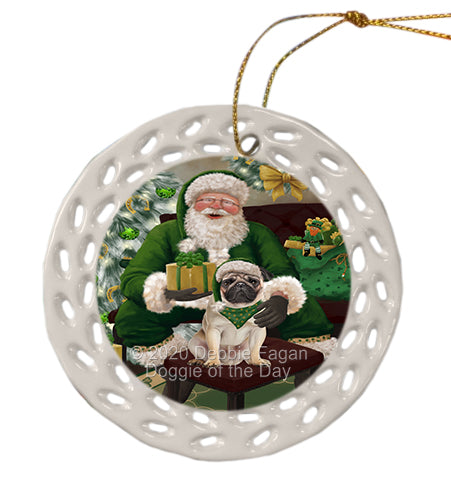 Christmas Irish Santa with Gift and Pug Dog Doily Ornament DPOR59520