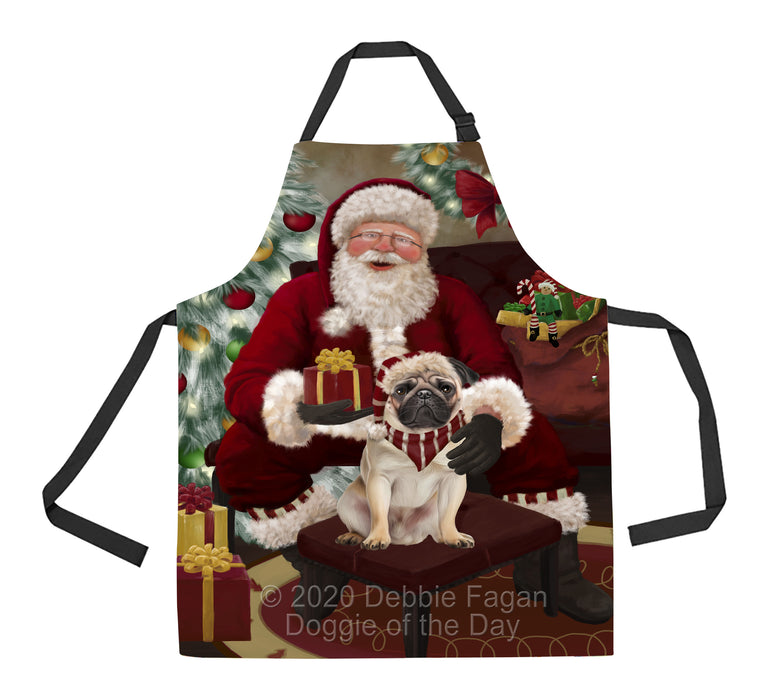 Santa's Christmas Surprise Pug Dog Apron - Adjustable Long Neck Bib for Adults - Waterproof Polyester Fabric With 2 Pockets - Chef Apron for Cooking, Dish Washing, Gardening, and Pet Grooming