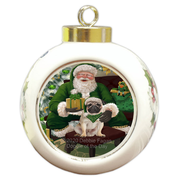 Christmas Irish Santa with Gift and Pug Dog Round Ball Christmas Ornament RBPOR57958