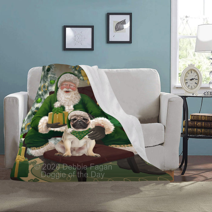 Christmas Irish Santa with Gift and Pug Dog Blanket BLNKT141498