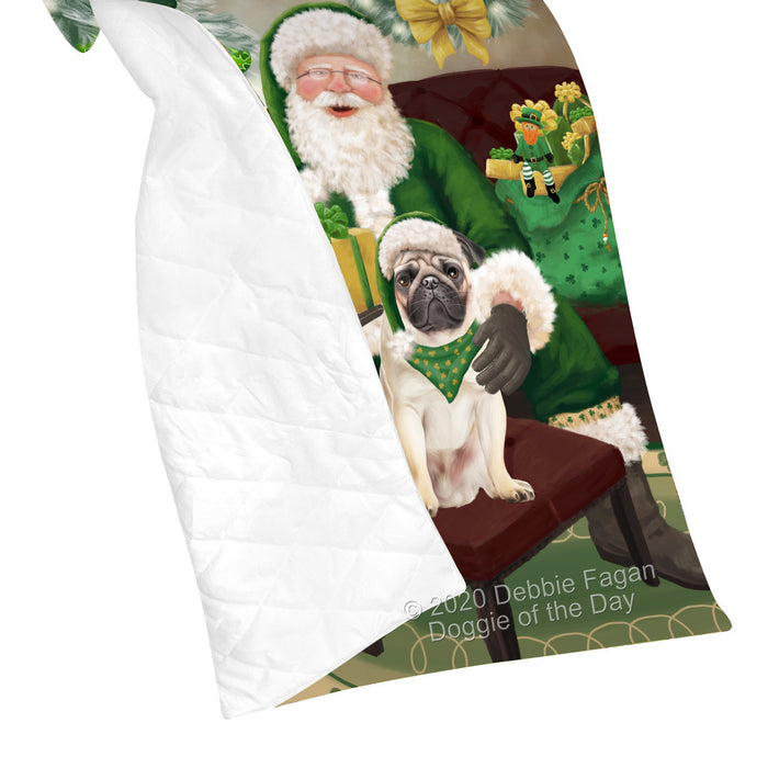 Christmas Irish Santa with Gift and Pug Dog Quilt Bed Coverlet Bedspread - Pets Comforter Unique One-side Animal Printing - Soft Lightweight Durable Washable Polyester Quilt