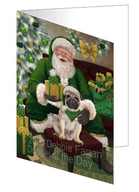 Christmas Irish Santa with Gift and Pug Dog Handmade Artwork Assorted Pets Greeting Cards and Note Cards with Envelopes for All Occasions and Holiday Seasons GCD75944