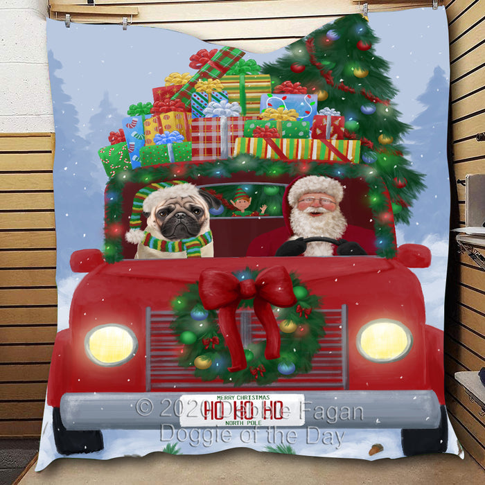 Christmas Honk Honk Red Truck with Santa and Pug Dog Quilt Bed Coverlet Bedspread - Pets Comforter Unique One-side Animal Printing - Soft Lightweight Durable Washable Polyester Quilt