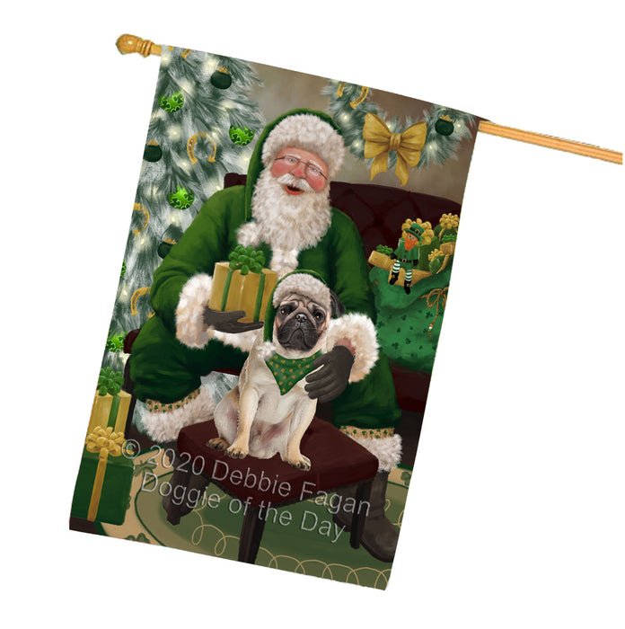 Christmas Irish Santa with Gift and Pug Dog House Flag FLG66730