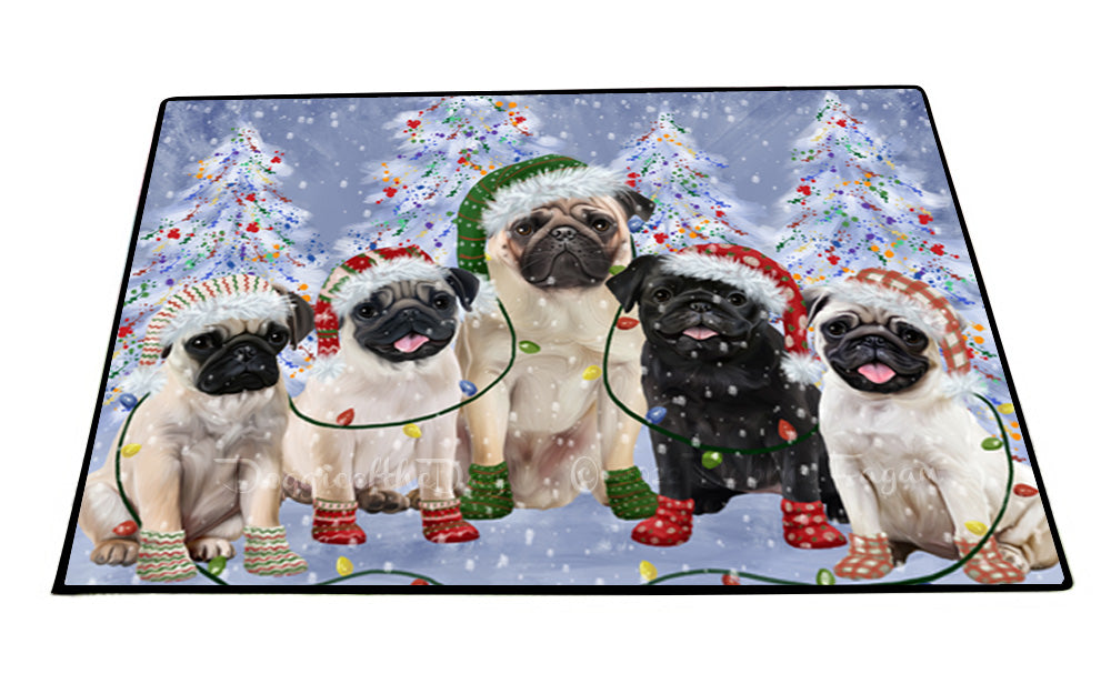 Christmas Lights and Pug Dogs Floor Mat- Anti-Slip Pet Door Mat Indoor Outdoor Front Rug Mats for Home Outside Entrance Pets Portrait Unique Rug Washable Premium Quality Mat