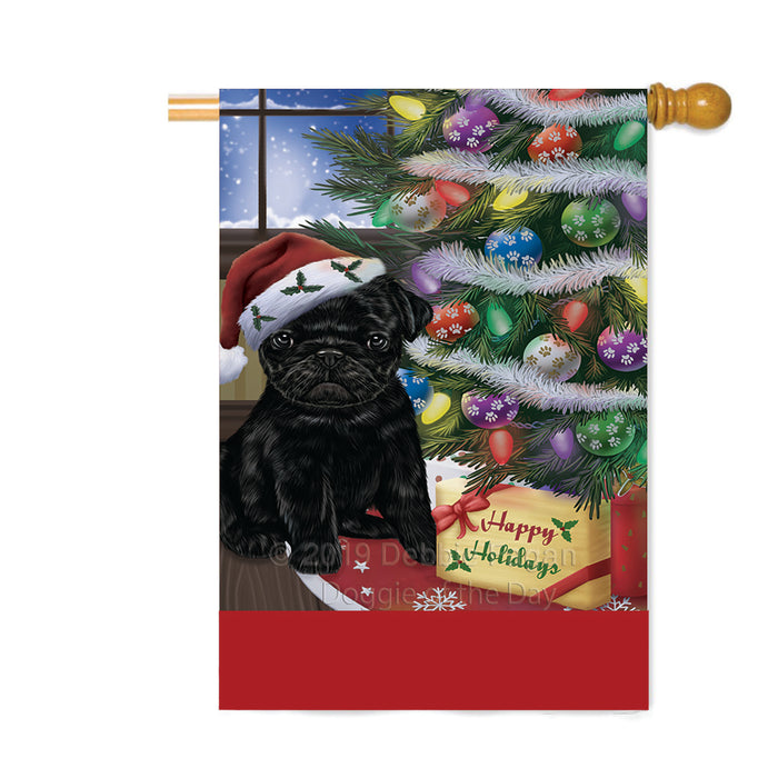 Personalized Christmas Happy Holidays Pug Dog with Tree and Presents Custom House Flag FLG-DOTD-A58712