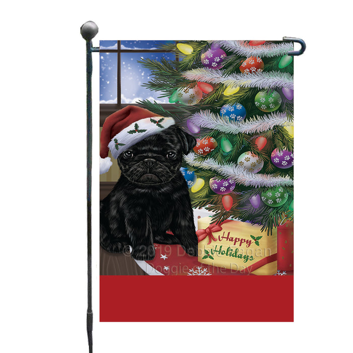Personalized Christmas Happy Holidays Pug Dog with Tree and Presents Custom Garden Flags GFLG-DOTD-A58656
