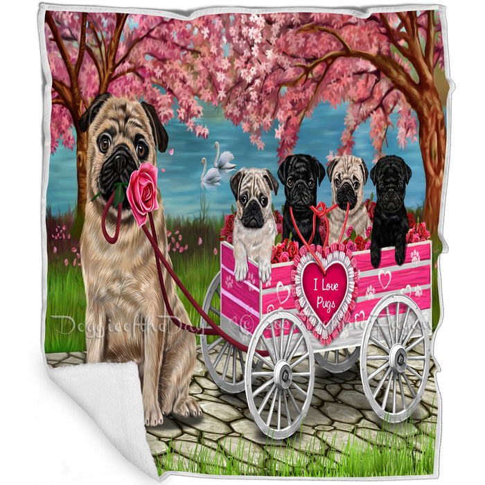 I Love Pug Dogs in a Cart Art Portrait Print Woven Throw Sherpa Plush Fleece Blanket