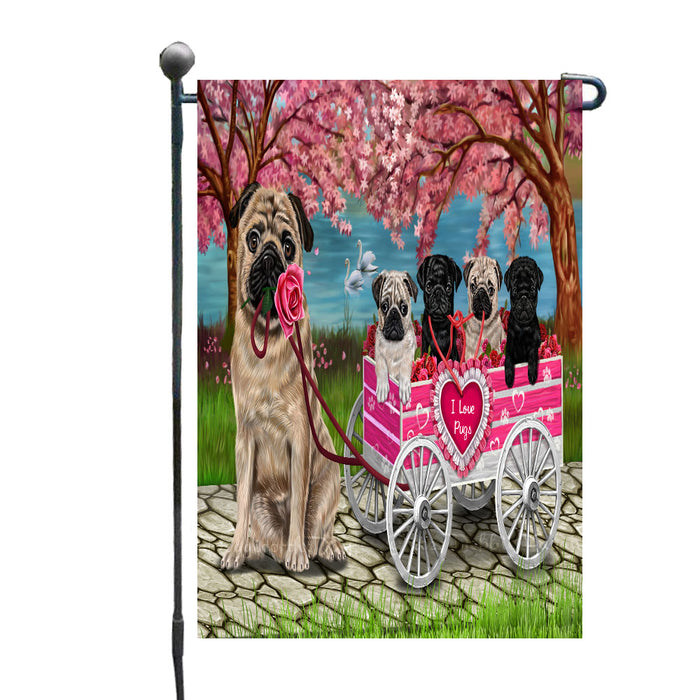 I Love Pug Dogs in a Cart Garden Flags Outdoor Decor for Homes and Gardens Double Sided Garden Yard Spring Decorative Vertical Home Flags Garden Porch Lawn Flag for Decorations