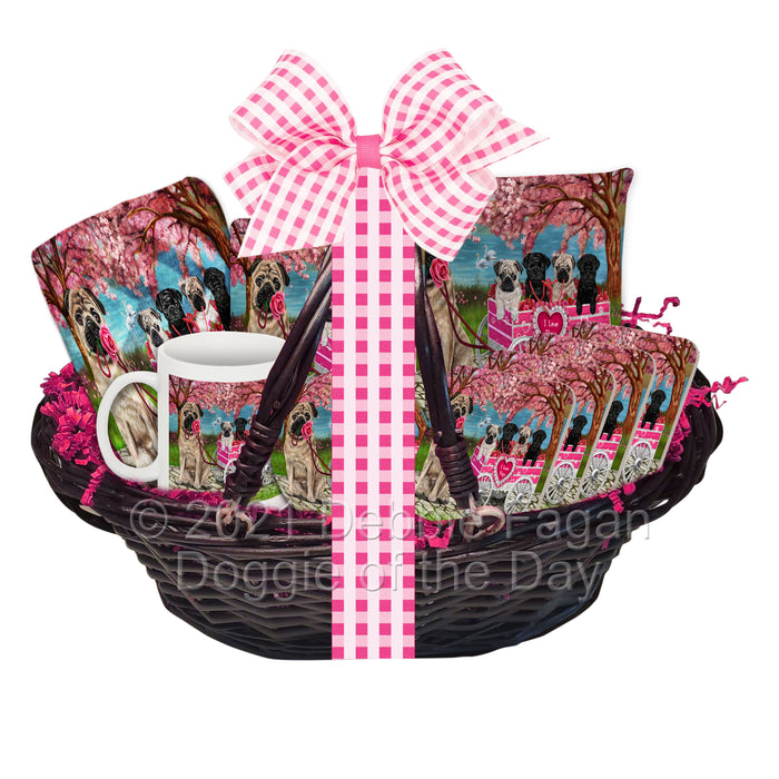 Mother's Day Gift Basket Pug Dogs Blanket, Pillow, Coasters, Magnet, Coffee Mug and Ornament