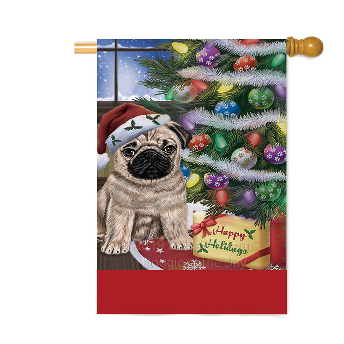 Personalized Christmas Happy Holidays Pug Dog with Tree and Presents Custom House Flag FLG-DOTD-A58713