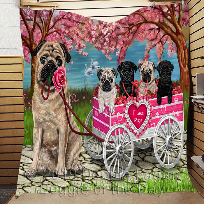 I Love Pug Dogs in a Cart Quilt