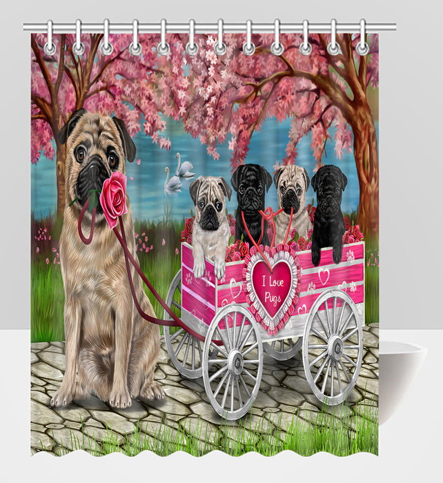 I Love Pug Dogs in a Cart Shower Curtain