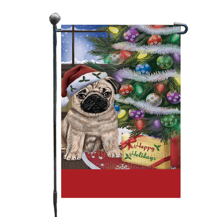 Personalized Christmas Happy Holidays Pug Dog with Tree and Presents Custom Garden Flags GFLG-DOTD-A58657