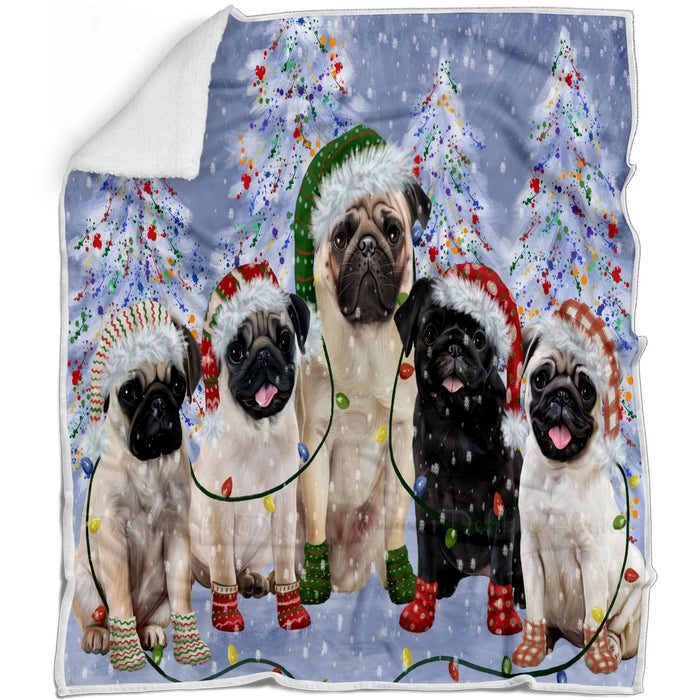 Christmas Lights and Pug Dogs Blanket - Lightweight Soft Cozy and Durable Bed Blanket - Animal Theme Fuzzy Blanket for Sofa Couch