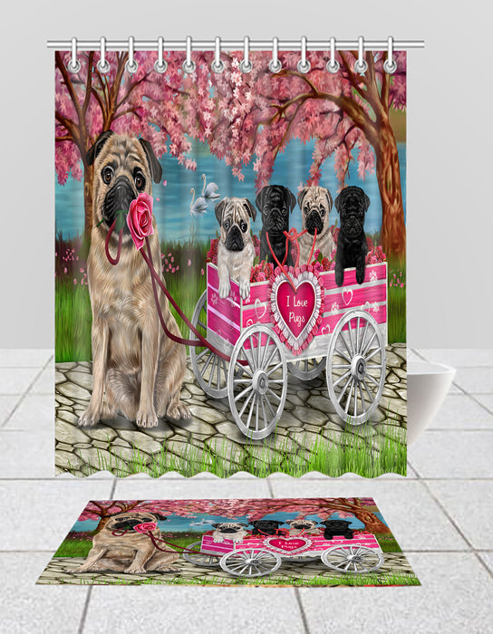 I Love Pug Dogs in a Cart Bath Mat and Shower Curtain Combo