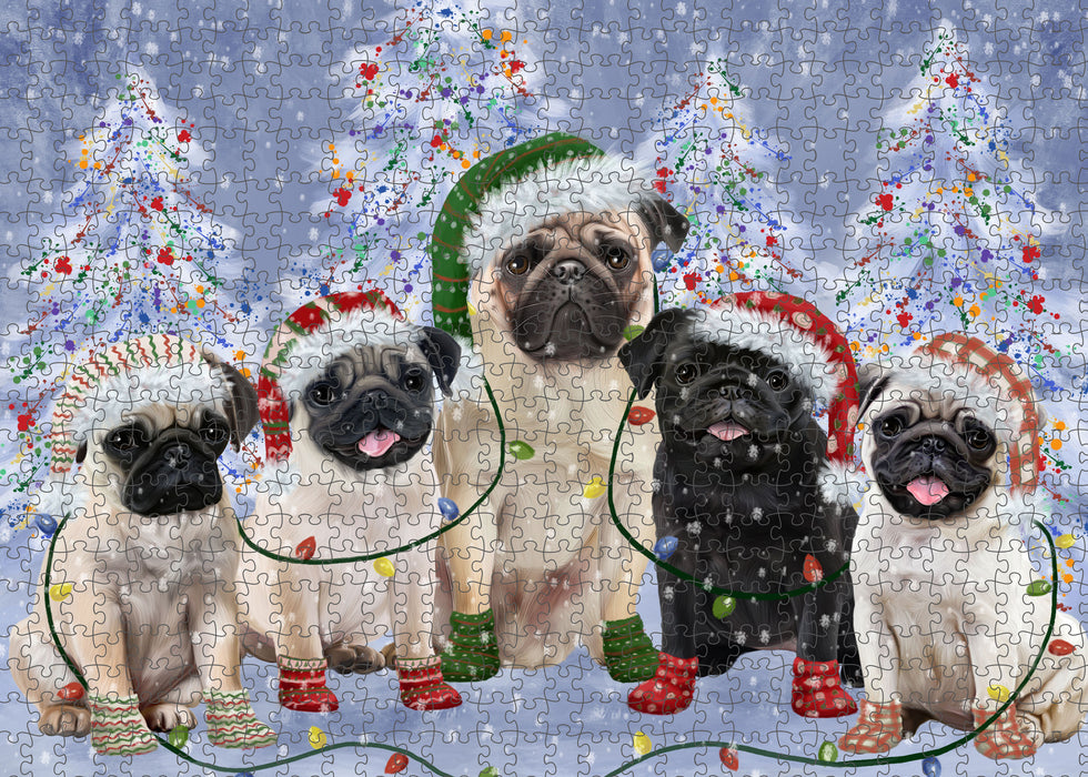 Christmas Lights and Pug Dogs Portrait Jigsaw Puzzle for Adults Animal Interlocking Puzzle Game Unique Gift for Dog Lover's with Metal Tin Box