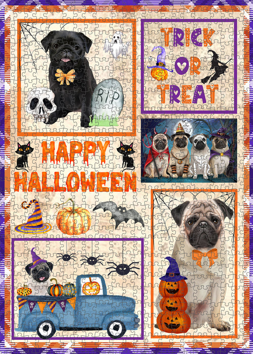 Happy Halloween Trick or Treat Pug Dogs Portrait Jigsaw Puzzle for Adults Animal Interlocking Puzzle Game Unique Gift for Dog Lover's with Metal Tin Box