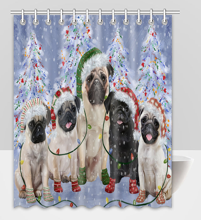 Christmas Lights and Pug Dogs Shower Curtain Pet Painting Bathtub Curtain Waterproof Polyester One-Side Printing Decor Bath Tub Curtain for Bathroom with Hooks