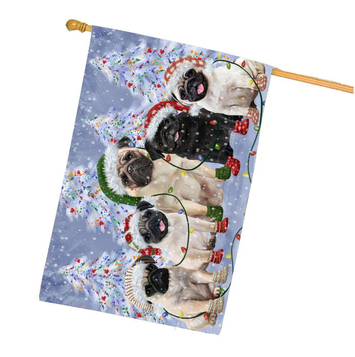 Christmas Lights and Pug Dogs House Flag Outdoor Decorative Double Sided Pet Portrait Weather Resistant Premium Quality Animal Printed Home Decorative Flags 100% Polyester