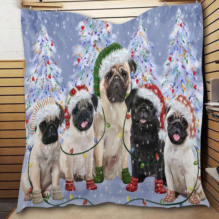 Christmas Lights and Pug Dogs  Quilt Bed Coverlet Bedspread - Pets Comforter Unique One-side Animal Printing - Soft Lightweight Durable Washable Polyester Quilt
