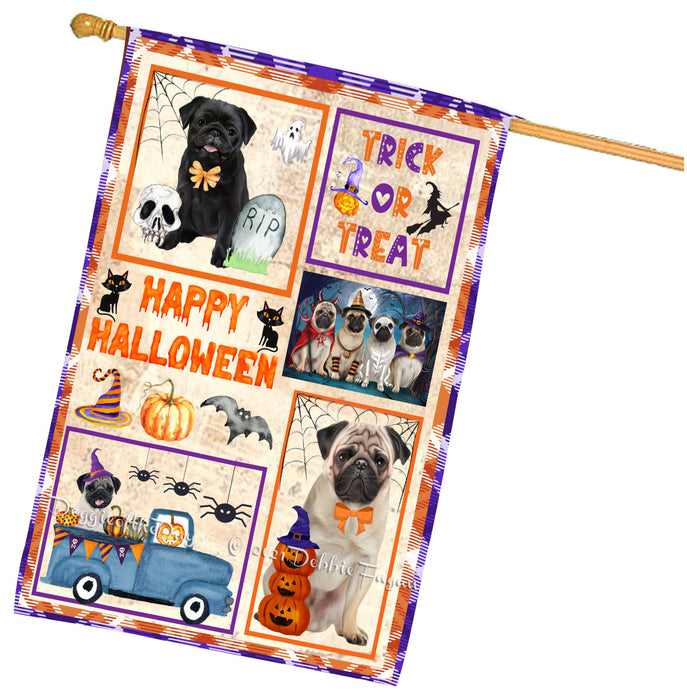 Happy Halloween Trick or Treat Pug Dogs House Flag Outdoor Decorative Double Sided Pet Portrait Weather Resistant Premium Quality Animal Printed Home Decorative Flags 100% Polyester