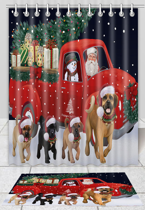 Christmas Express Delivery Red Truck Running Puggle Dogs Bath Mat and Shower Curtain Combo