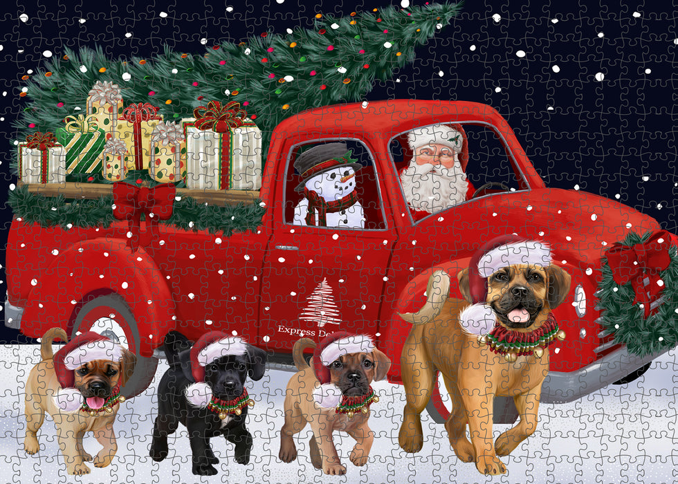Christmas Express Delivery Red Truck Running Puggle Dogs Puzzle with Photo Tin PUZL99784