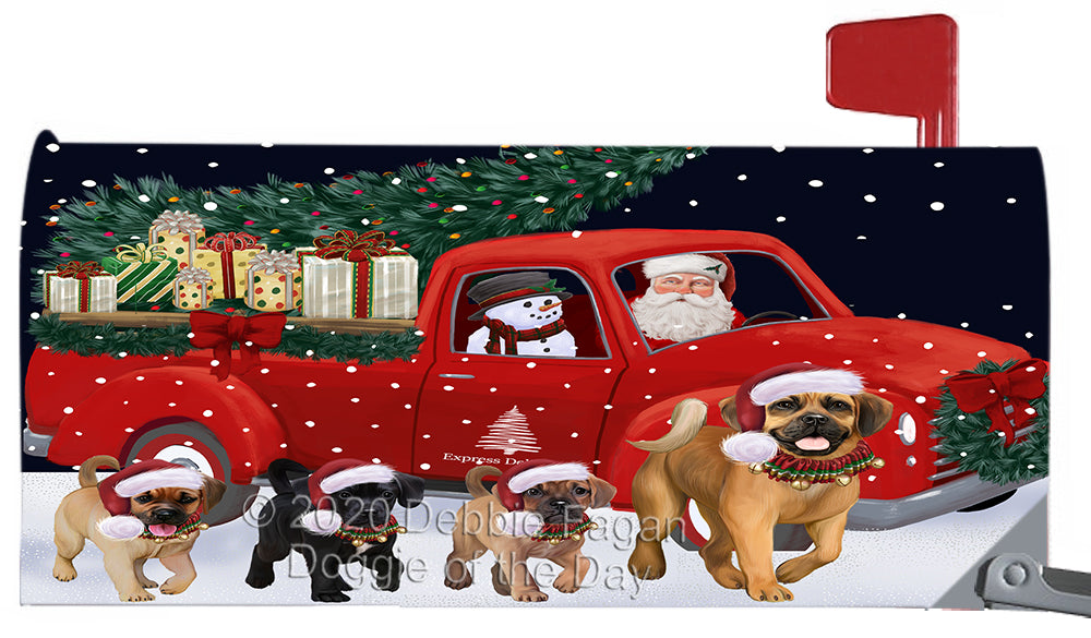 Christmas Express Delivery Red Truck Running Puggle Dog Magnetic Mailbox Cover Both Sides Pet Theme Printed Decorative Letter Box Wrap Case Postbox Thick Magnetic Vinyl Material