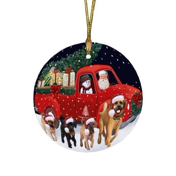 Christmas Express Delivery Red Truck Running Puggle Dogs Round Flat Christmas Ornament RFPOR57771