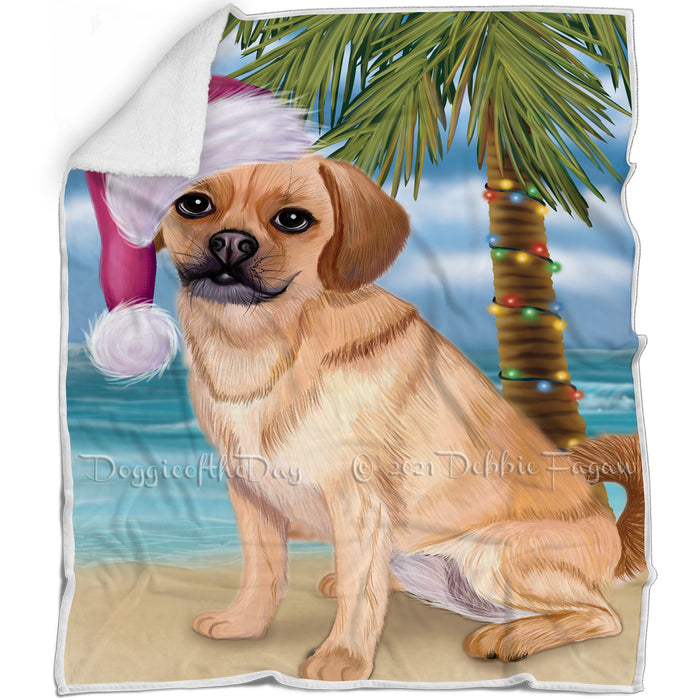 Summertime Happy Holidays Christmas Puggle Dog on Tropical Island Beach Blanket D195
