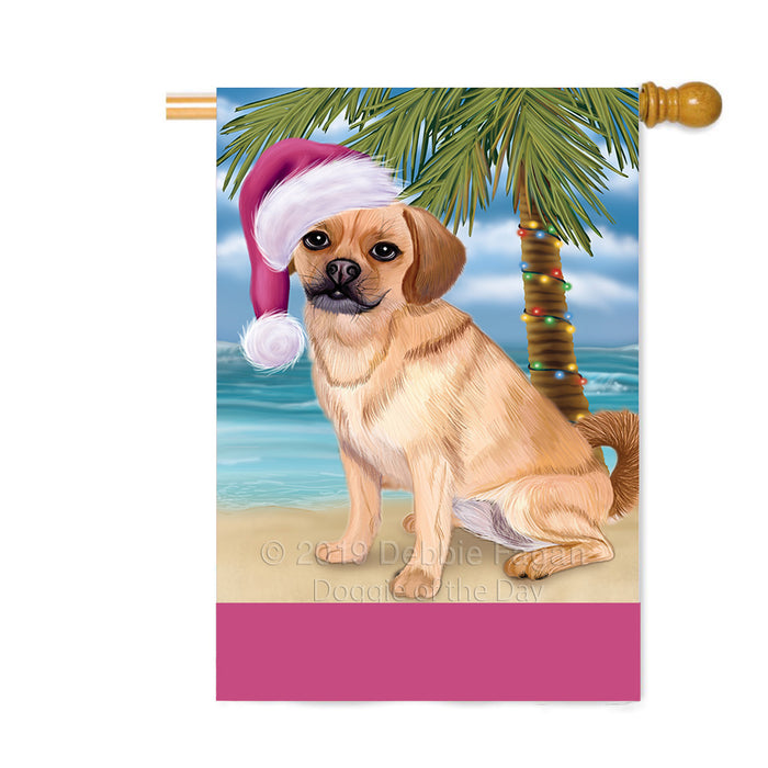 Personalized Summertime Happy Holidays Christmas Puggle Dog on Tropical Island Beach Custom House Flag FLG-DOTD-A60570