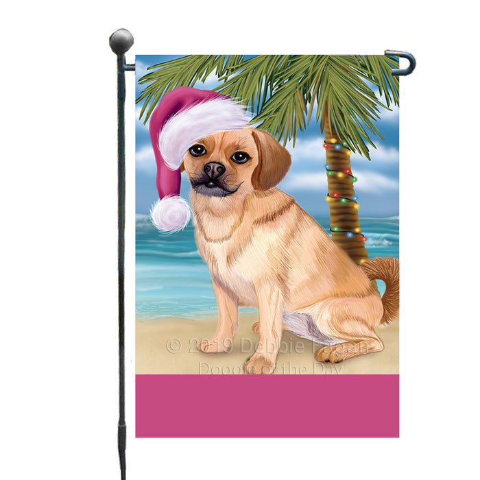Personalized Summertime Happy Holidays Christmas Puggle Dog on Tropical Island Beach  Custom Garden Flags GFLG-DOTD-A60514