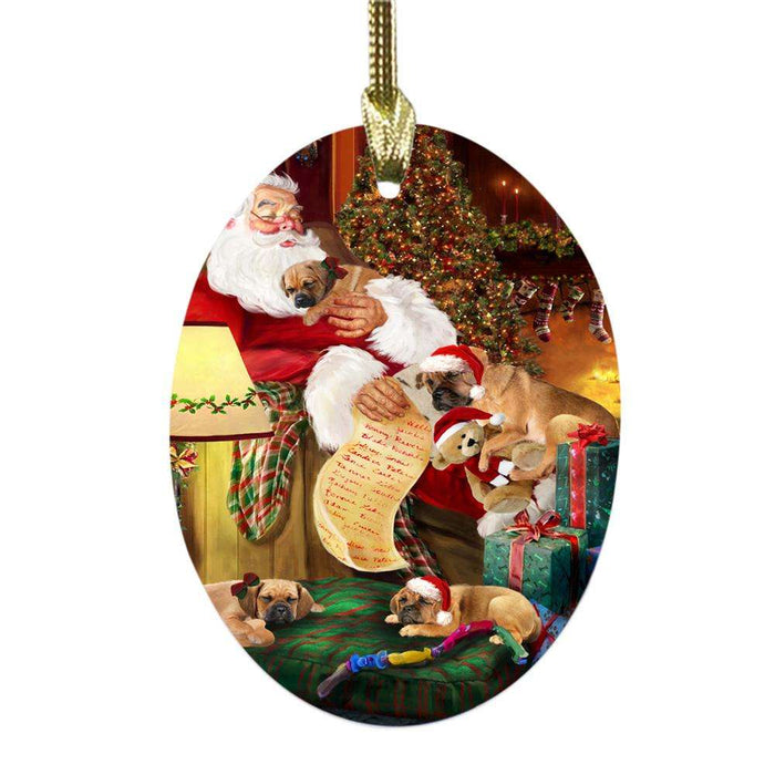 Puggles Dog and Puppies Sleeping with Santa Oval Glass Christmas Ornament OGOR49307