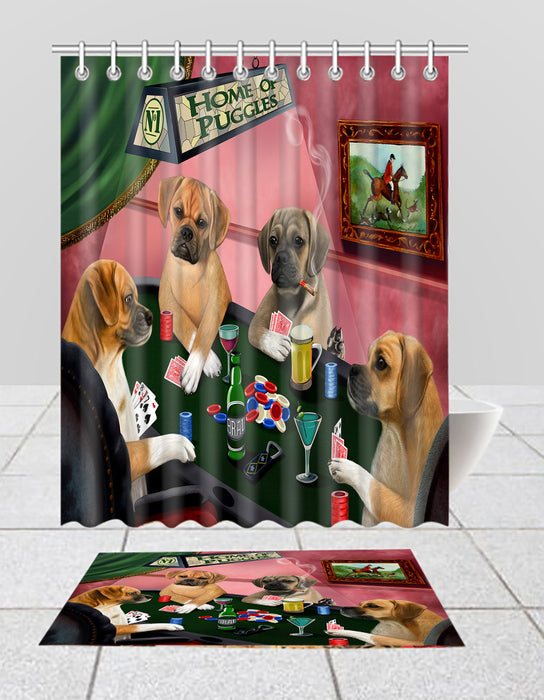 Home of  Puggle Dogs Playing Poker Bath Mat and Shower Curtain Combo
