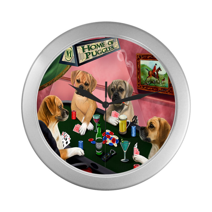 Home of Puggle Dogs Playing Poker Silver Wall Clocks