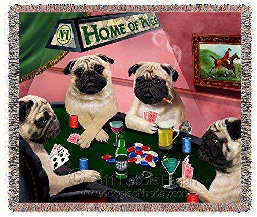Pugs Playing Poker Woven Throw Blanket 54 x 38