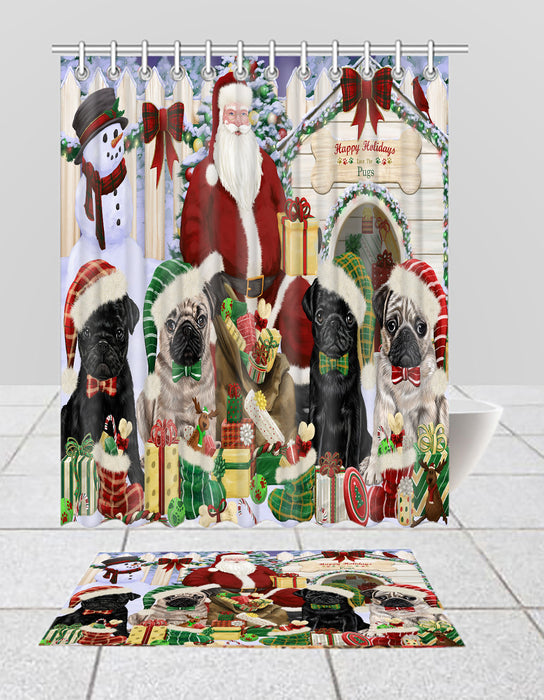 Happy Holidays Christmas Pug Dogs House Gathering Bath Mat and Shower Curtain Combo