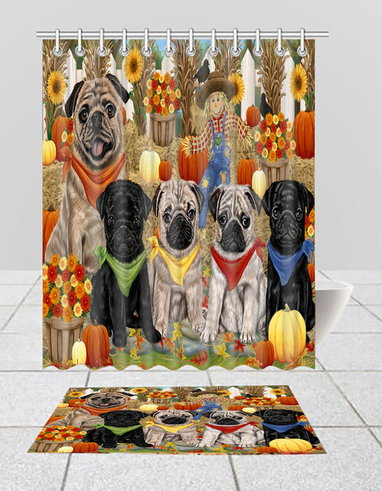 Fall Festive Harvest Time Gathering Pug Dogs Bath Mat and Shower Curtain Combo