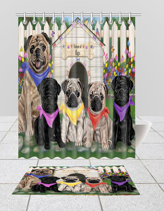 Spring Dog House Pug Dogs Bath Mat and Shower Curtain Combo
