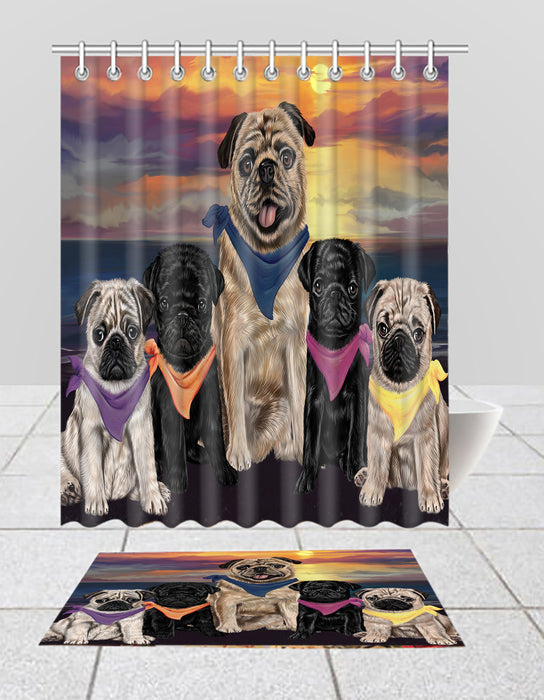 Family Sunset Portrait Pug Dogs Bath Mat and Shower Curtain Combo