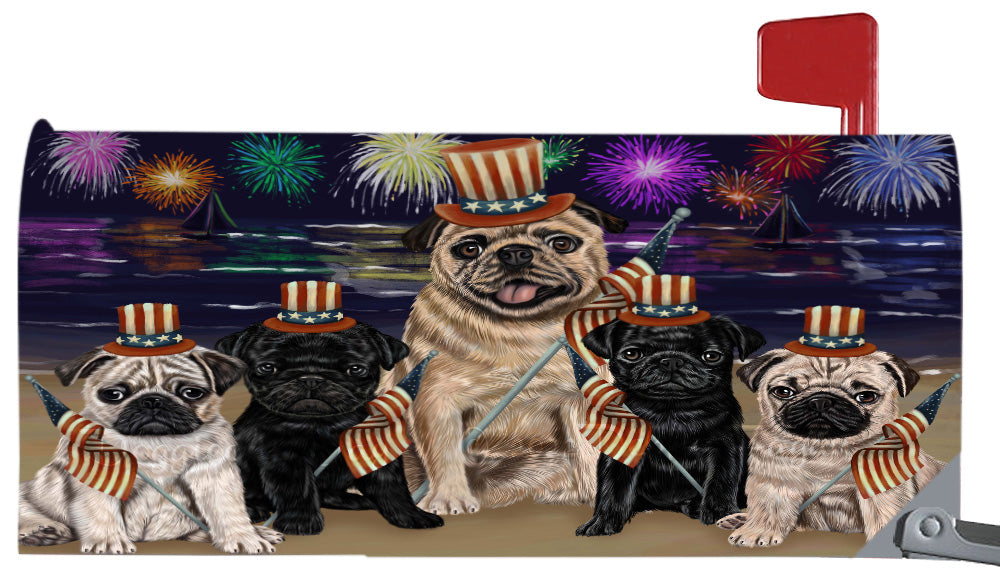 4th of July Independence Day Pug Dogs Magnetic Mailbox Cover Both Sides Pet Theme Printed Decorative Letter Box Wrap Case Postbox Thick Magnetic Vinyl Material