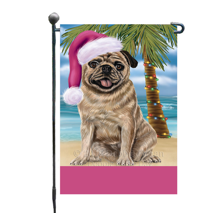 Personalized Summertime Happy Holidays Christmas Pug Dog on Tropical Island Beach  Custom Garden Flags GFLG-DOTD-A60515