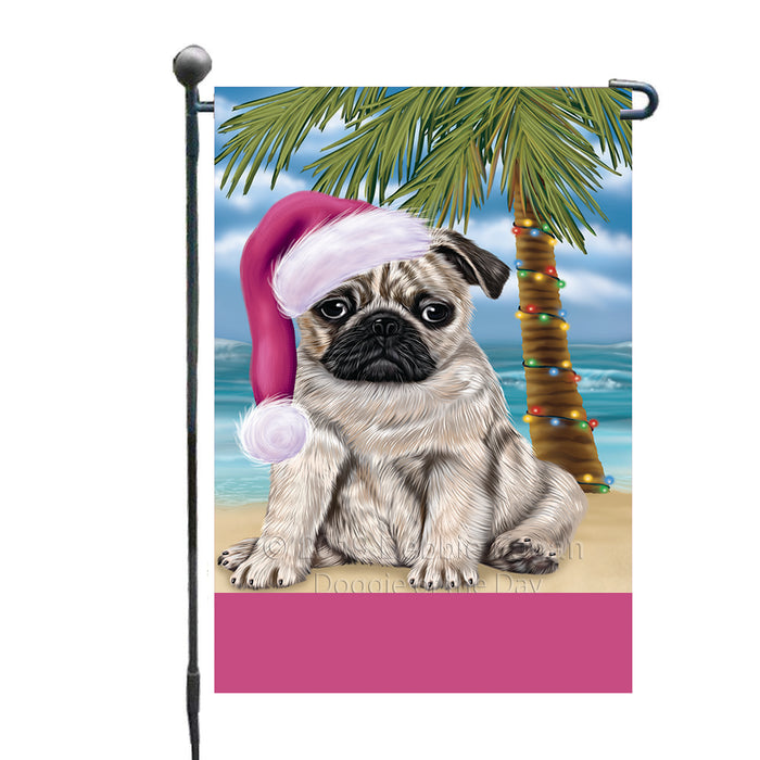 Personalized Summertime Happy Holidays Christmas Pug Dog on Tropical Island Beach  Custom Garden Flags GFLG-DOTD-A60516
