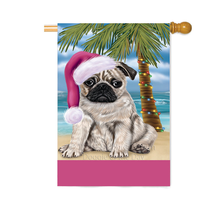 Personalized Summertime Happy Holidays Christmas Pug Dog on Tropical Island Beach Custom House Flag FLG-DOTD-A60572