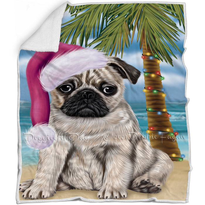 Summertime Happy Holidays Christmas Pugs Dog on Tropical Island Beach Blanket