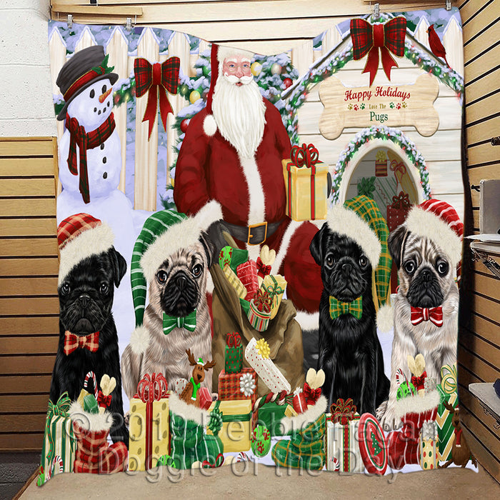 Happy Holidays Christmas Pug Dogs House Gathering Quilt