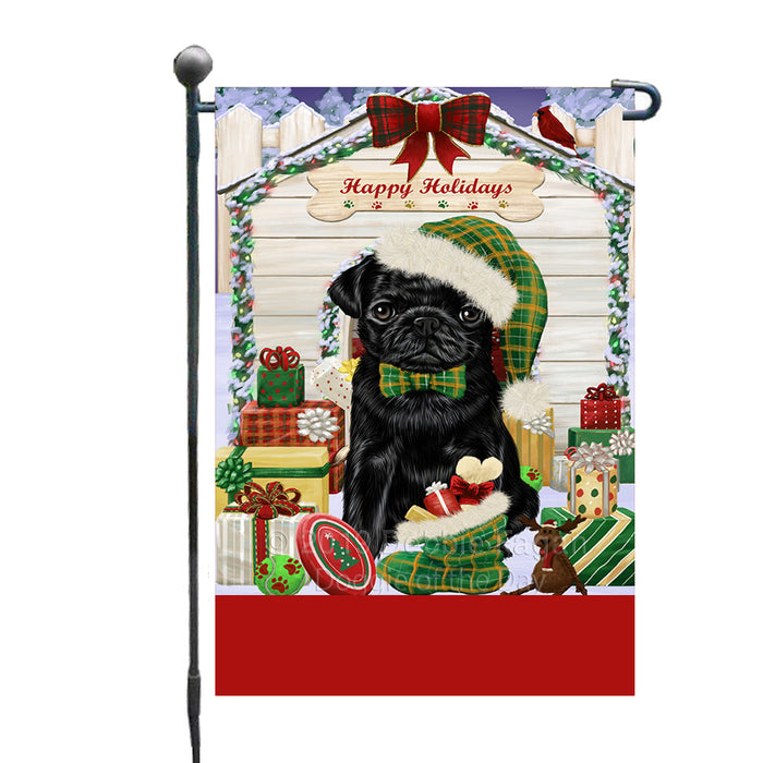 Personalized Happy Holidays Christmas Pug Dog House with Presents Custom Garden Flags GFLG-DOTD-A59359