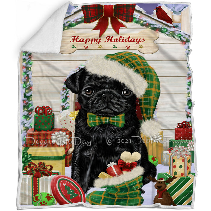 Happy Holidays Christmas Pug Dog House With Presents Blanket BLNKT80076