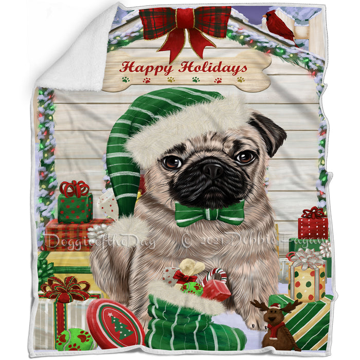 Happy Holidays Christmas Pug Dog House With Presents Blanket BLNKT80085